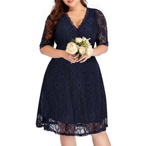 Women's Lace V-Neck Plus Size Cocktail Dress Knee Length Dress, Navy Blue - Picture 2 of 6